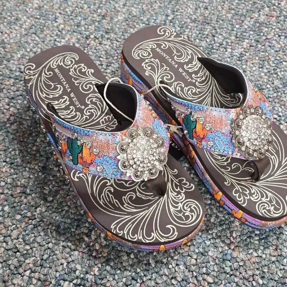 Montana West Flip Flops Western Dessert Blue Cactus Wedge Sandals Women's Shoes